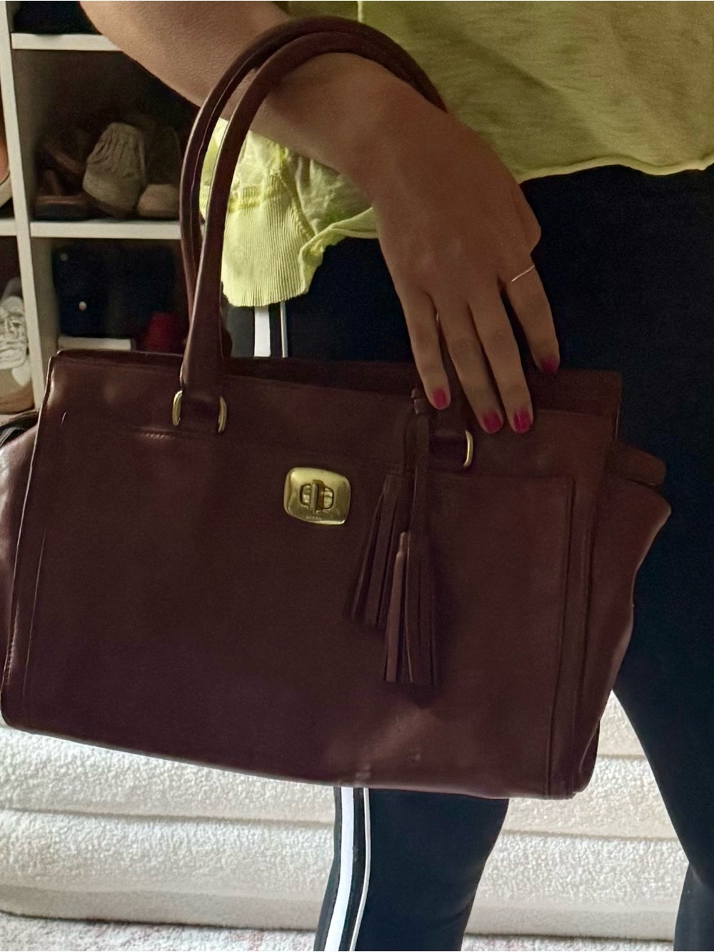 Structured Brown Leather Tote Handbag with Tassel Accent